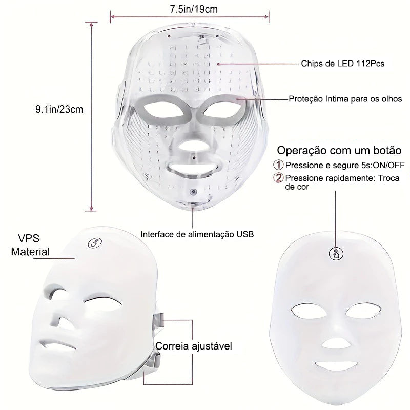 Máscara de LED 7 Cores para Terapia de Fóton, Cuidados com a Pele, Firmadora e Antienvelhecimento