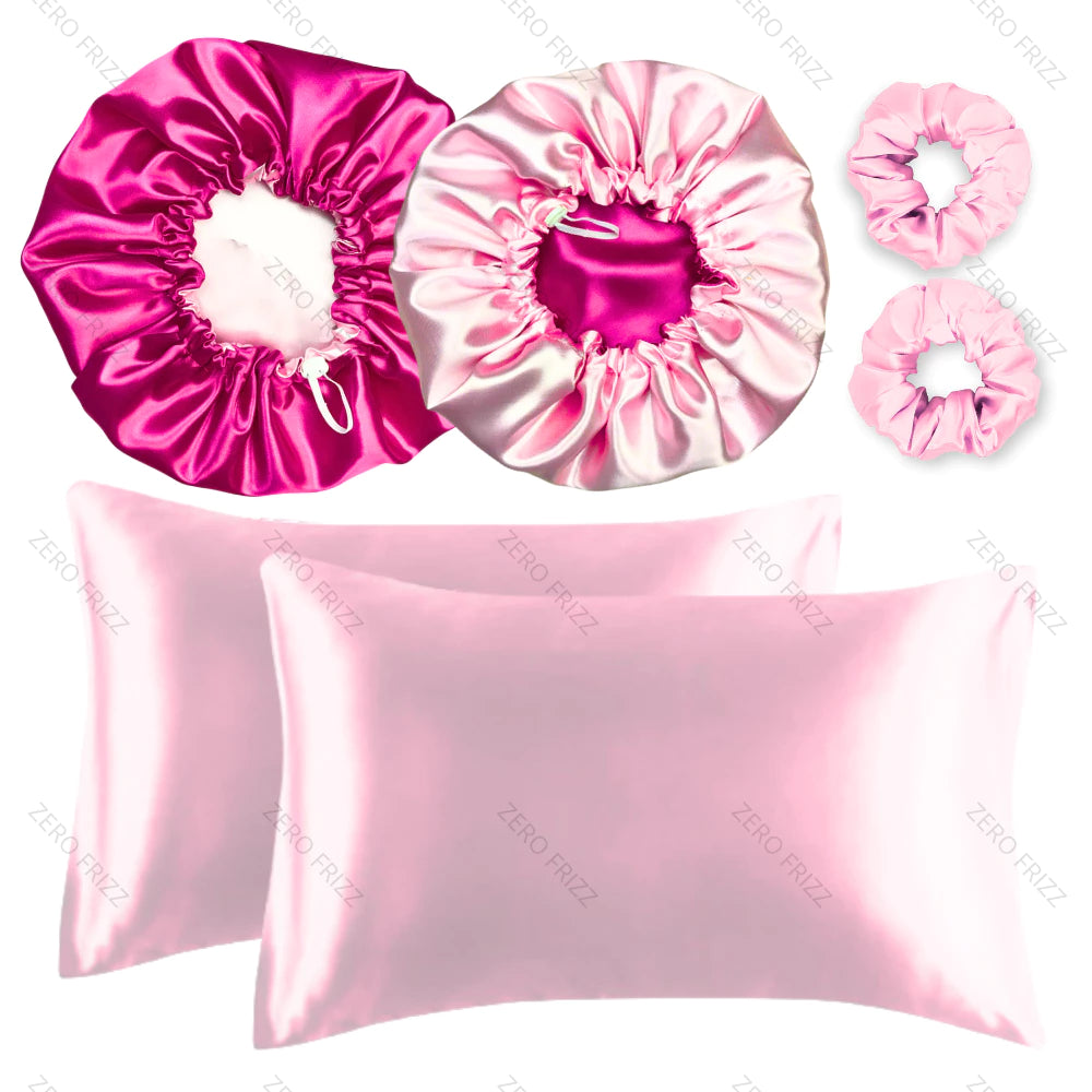 Kit c/2 - Toucas De Cetim Dupla Face Grande Forrada + 2 Fronhas De Cetim + 2 Xuxinhas