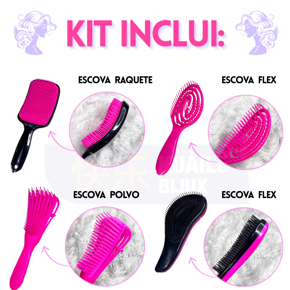 Kit c/5 - Escovas de Cabelo + Touca de Cetim – Raquete Fashion, Mágica, Polvo, Massageadora de Silicone