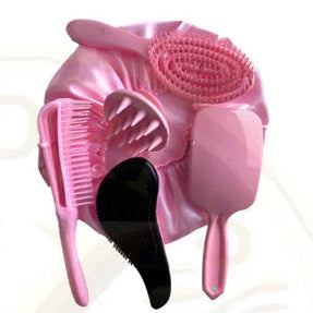 Kit c/5 - Escovas de Cabelo + Touca de Cetim – Raquete Fashion, Mágica, Polvo, Massageadora de Silicone