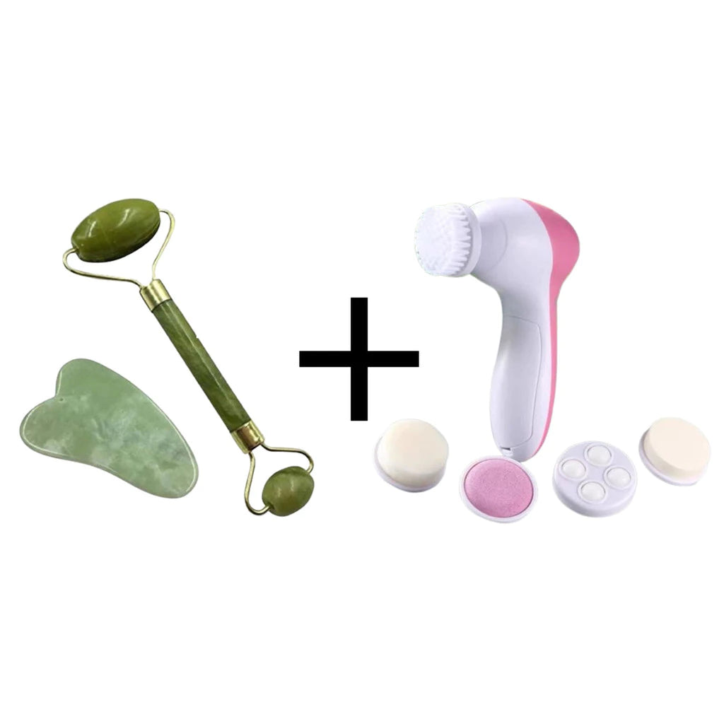 Kit Escova Facial Elétrica + Rolo Massageador Facial Pedra Esfoliante Limpeza Massageadora 5/1 Portátil