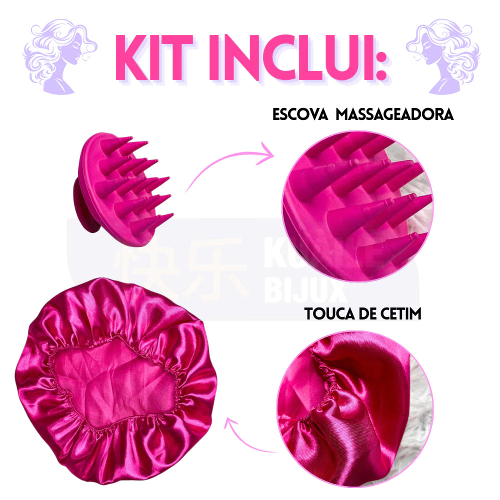 Kit c/5 - Escovas de Cabelo + Touca de Cetim – Raquete Fashion, Mágica, Polvo, Massageadora de Silicone